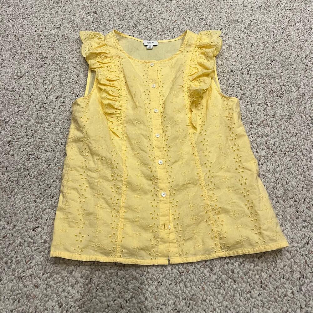 J Crew Eyelet Flutter Sleeve Top XS Yellow Feminine Coquette Casual Preppy